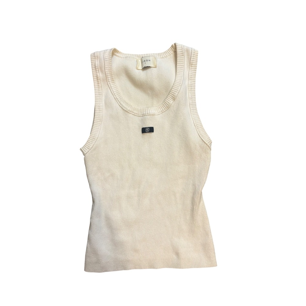 DISSH Womens S Cream Ivory Ribbed Knit Tank Top Logo Cotton WES04617OW.105